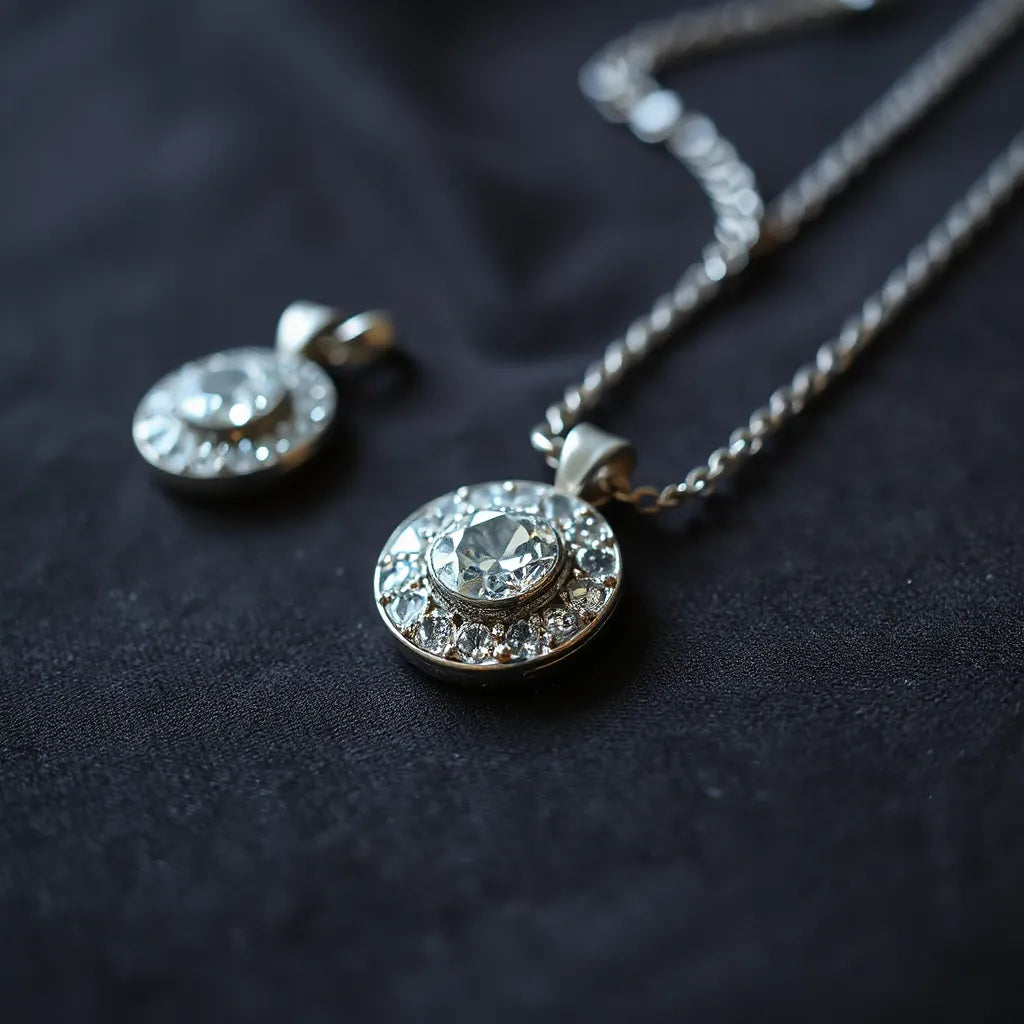Iced out pendant on a silver chain with faceted stones sparkling under soft studio light