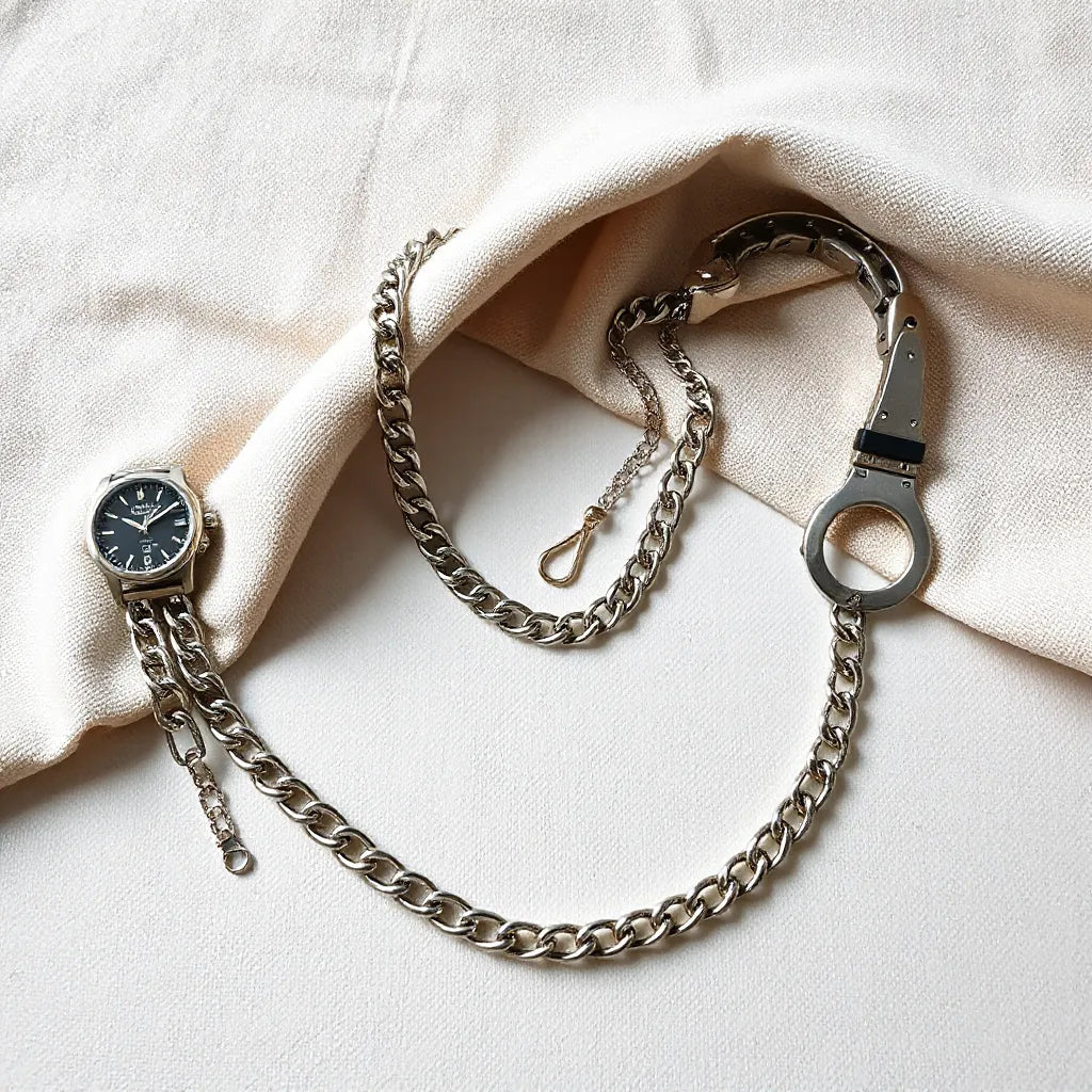 Silver mens chain necklace laid on neutral fabric with subtle accessories in the background