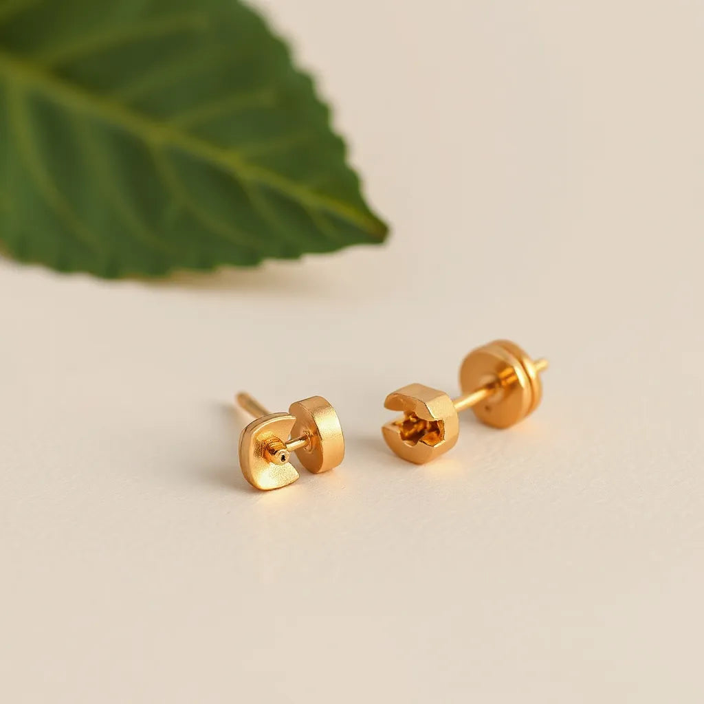 14k gold earring backs displayed next to gold stud earrings on a neutral background