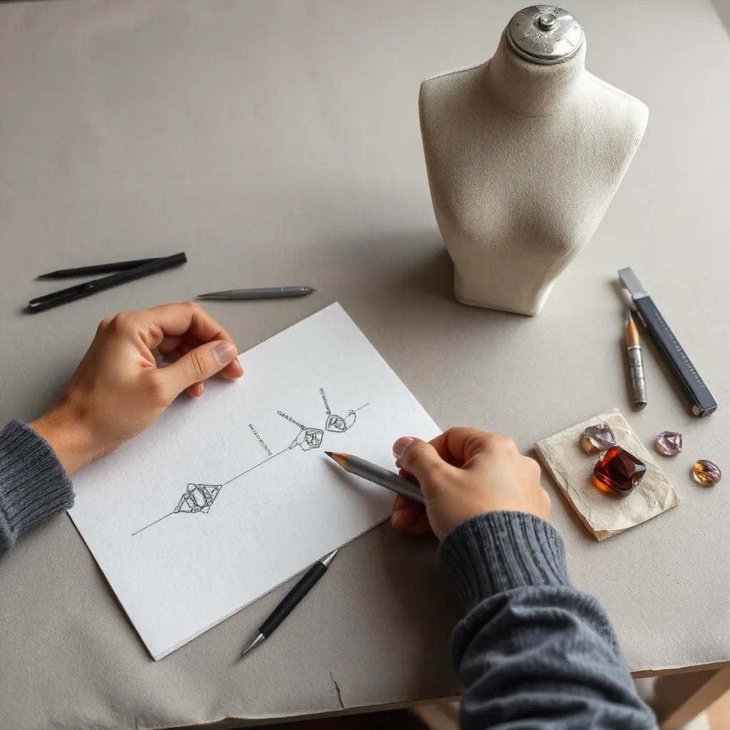 Jewelry designer hands sketching a pendant design with tools and gemstones on a workbench