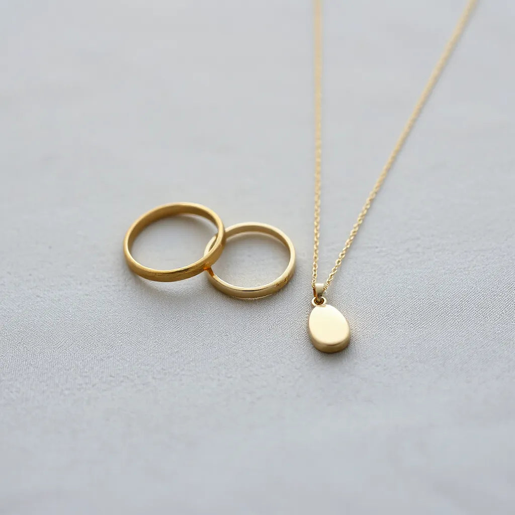 Warm gold vermeil rings and a pendant resting on soft neutral fabric under gentle studio lighting