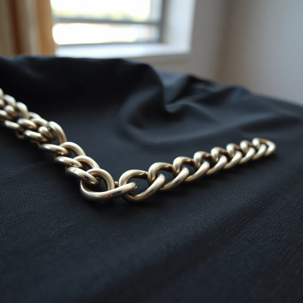 Men’s Cuban link chain with interlocking links displayed on dark fabric under soft light