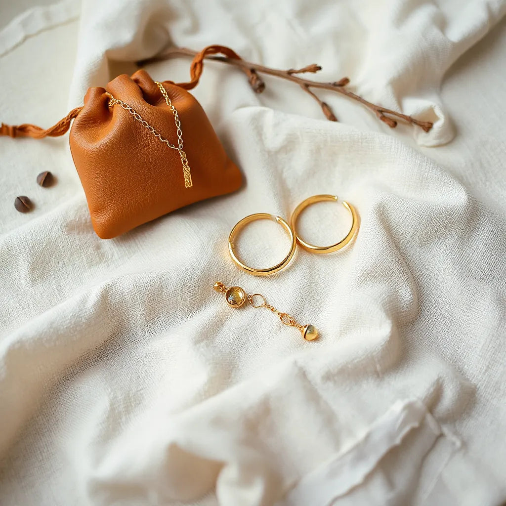Handcrafted Italian earrings and bracelet on light linen with a small leather pouch