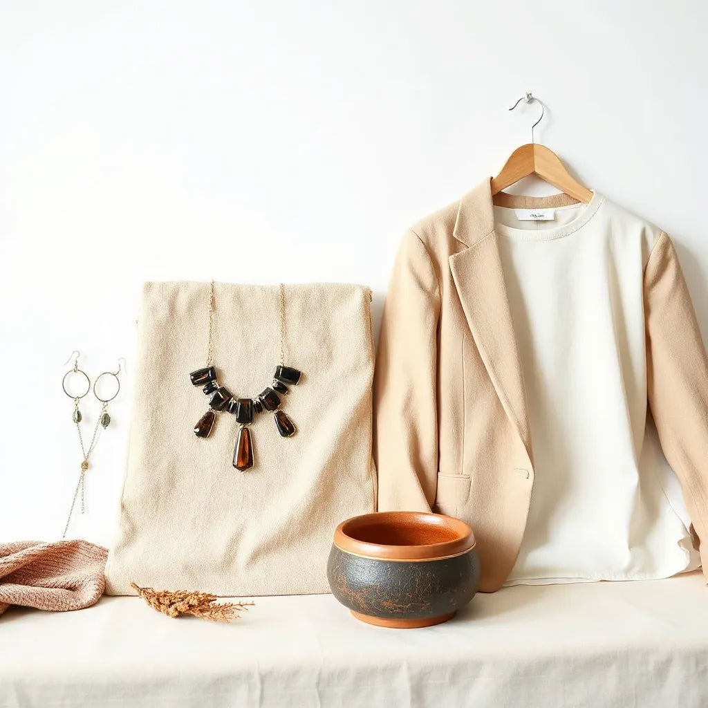Curated bold statement jewelry pieces styled with a tailored blazer in soft natural light.