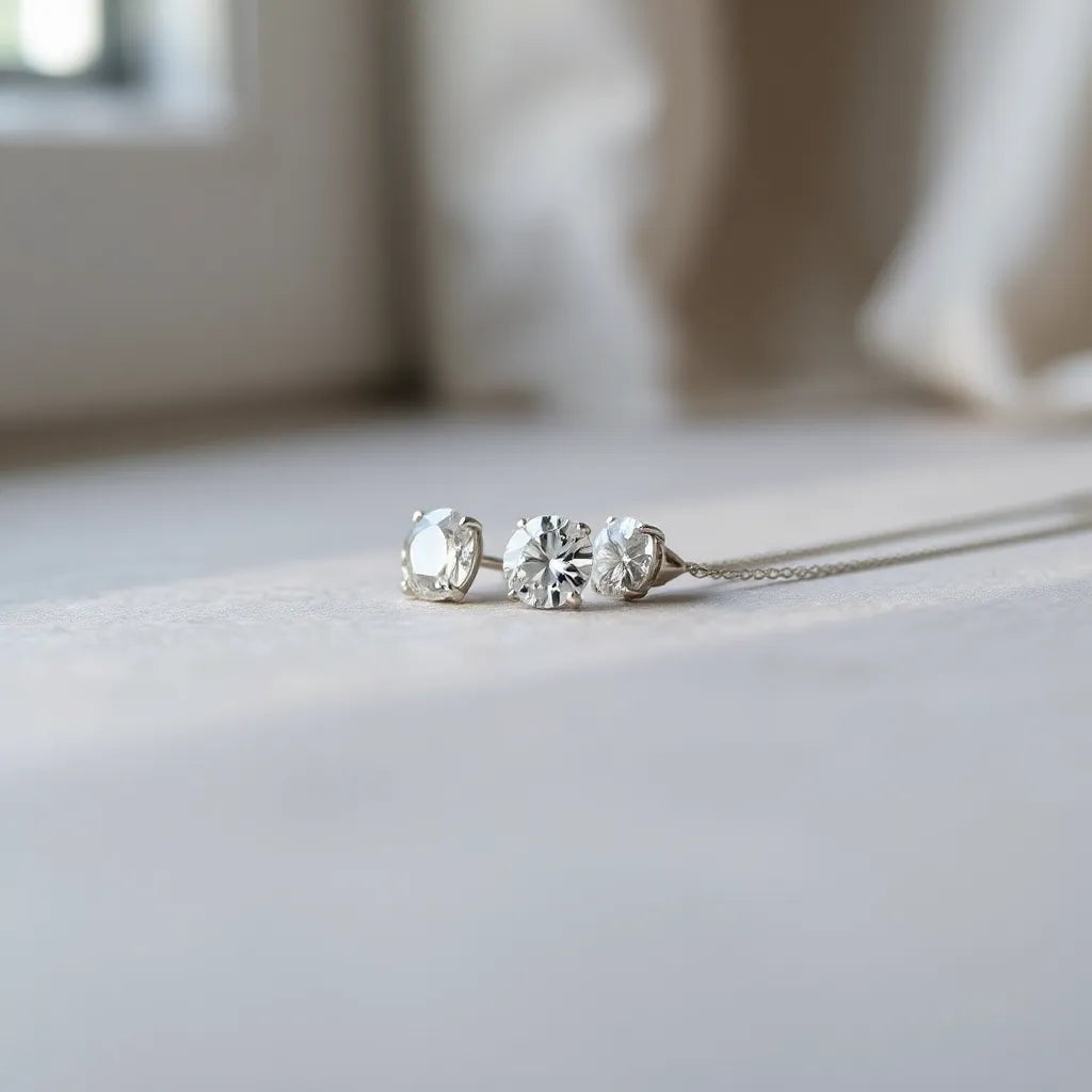 Moissanite stud earrings and a solitaire pendant with clear faceted sparkle on a neutral background