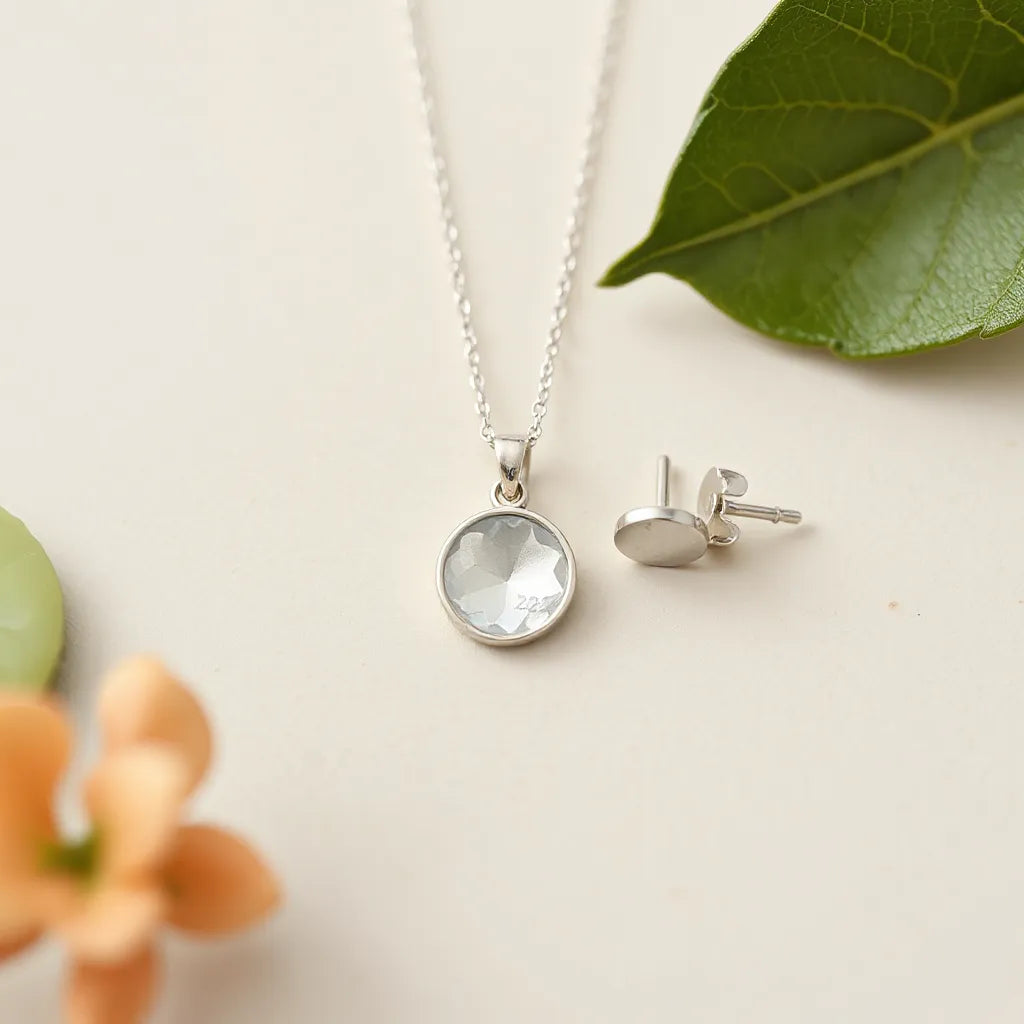Polished 925 sterling silver pendant and stud earrings with a clear hallmark detail in soft light