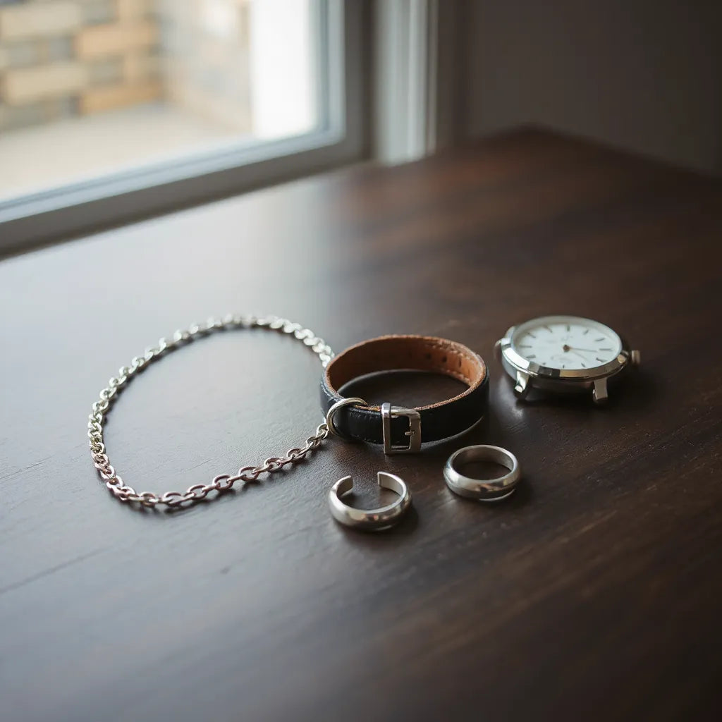 Silver necklace, leather bracelet, hoop earring, and ring styled on a dark wood surface