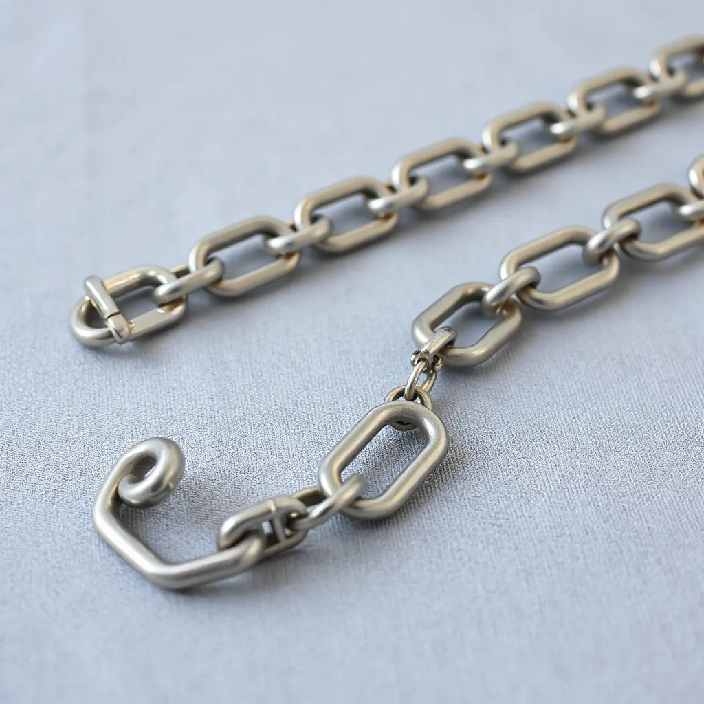Durable stainless steel chain with clear links and soft reflections on a light fabric background