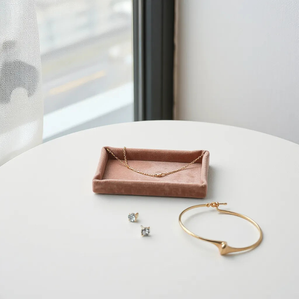 Gold-tone necklace, stud earrings, and bracelet on a neutral velvet tray in soft natural light