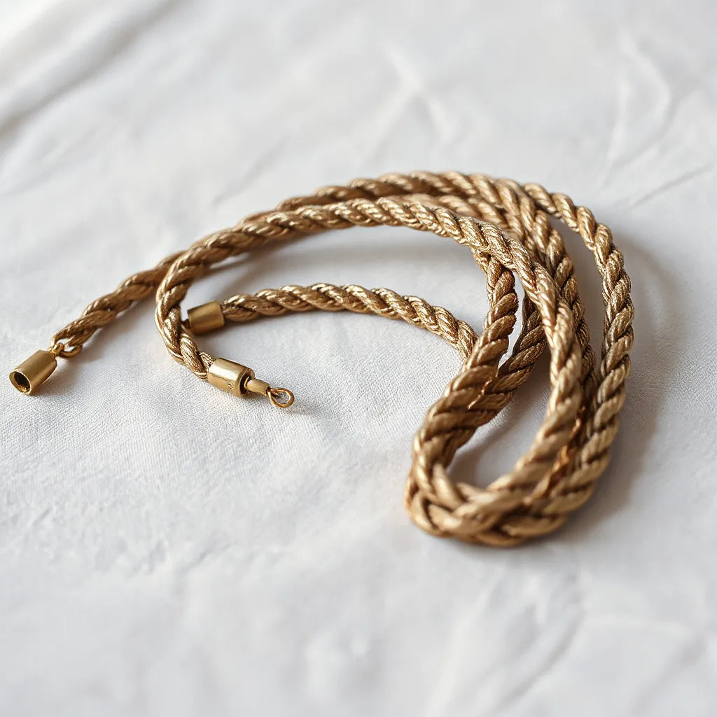 Braided rope chain necklace resting on neutral fabric with visible metallic shine and texture