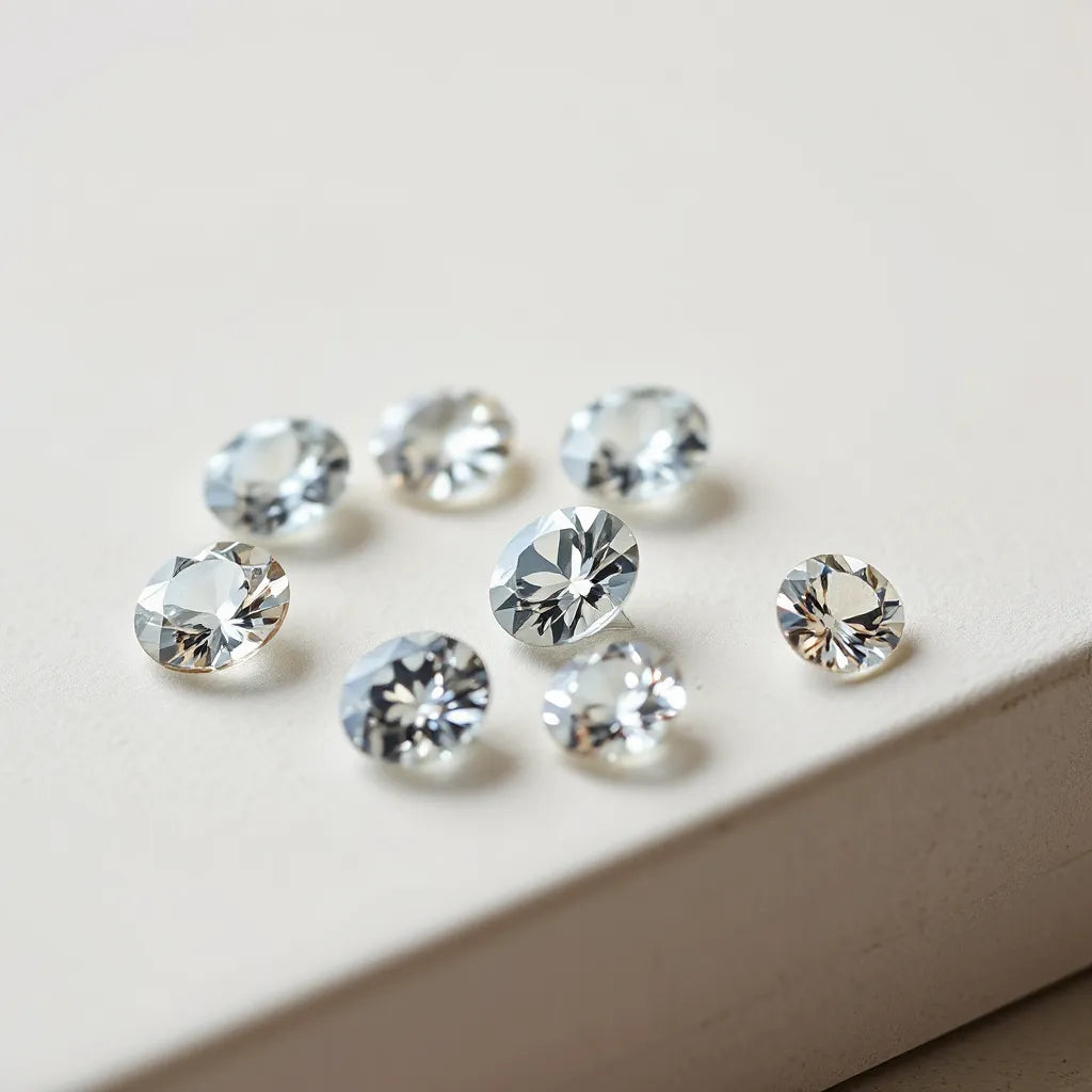 Faceted moissanite gemstones in VVS clarity with sharp sparkle and soft studio lighting