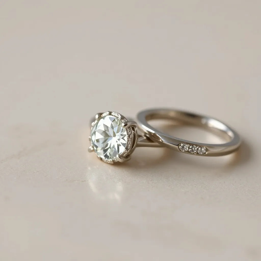 Two elegant engagement rings with a round moissanite center stone in a simple solitaire setting