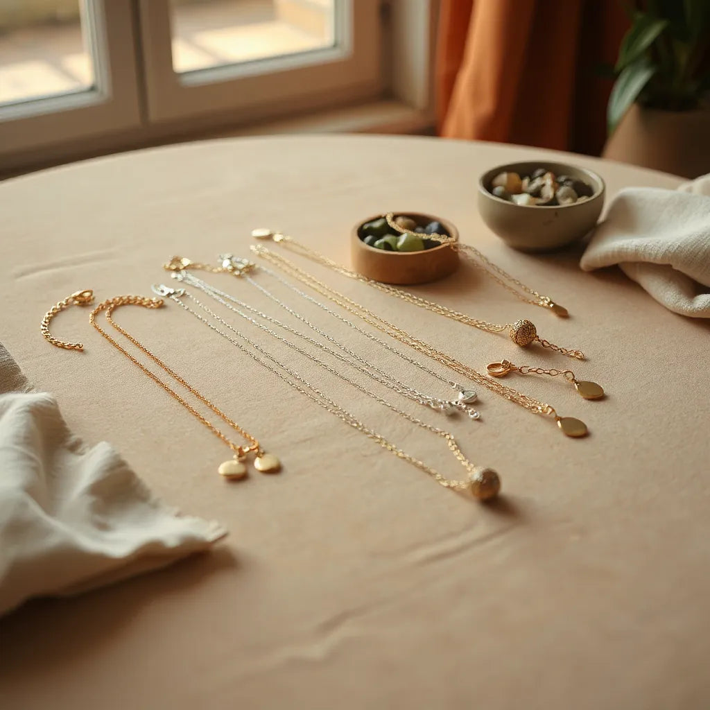 Assorted handmade gold and silver jewelry with subtle gemstones arranged on a linen tabletop
