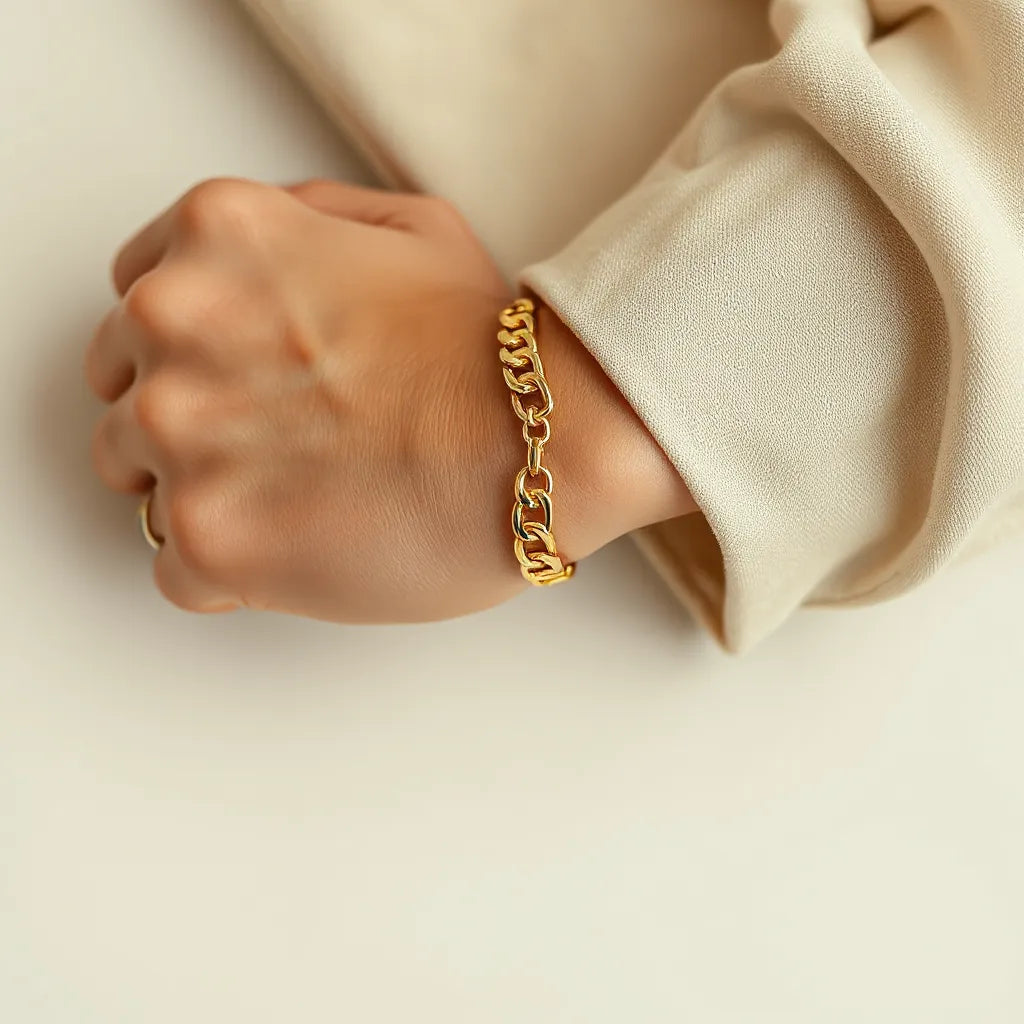 Gold-toned franco link bracelet on a wrist with subtle layering against a neutral outfit background