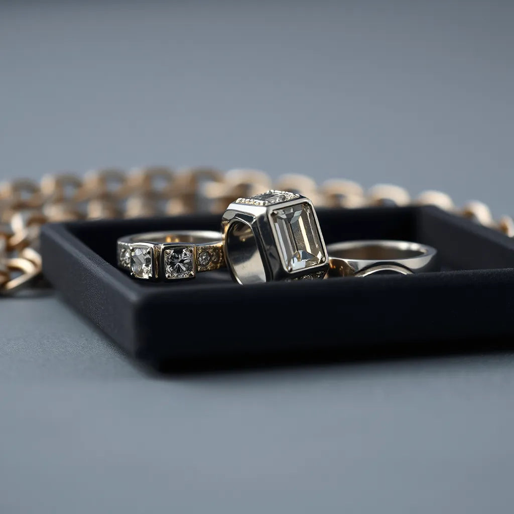 Men’s ice out rings with clear stones on a dark jewelry tray under soft studio light
