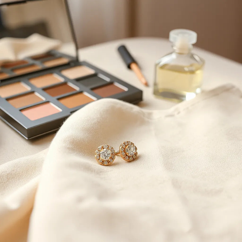 Small gold and silver dainty earrings on neutral fabric with soft lighting and minimal accessories in the background