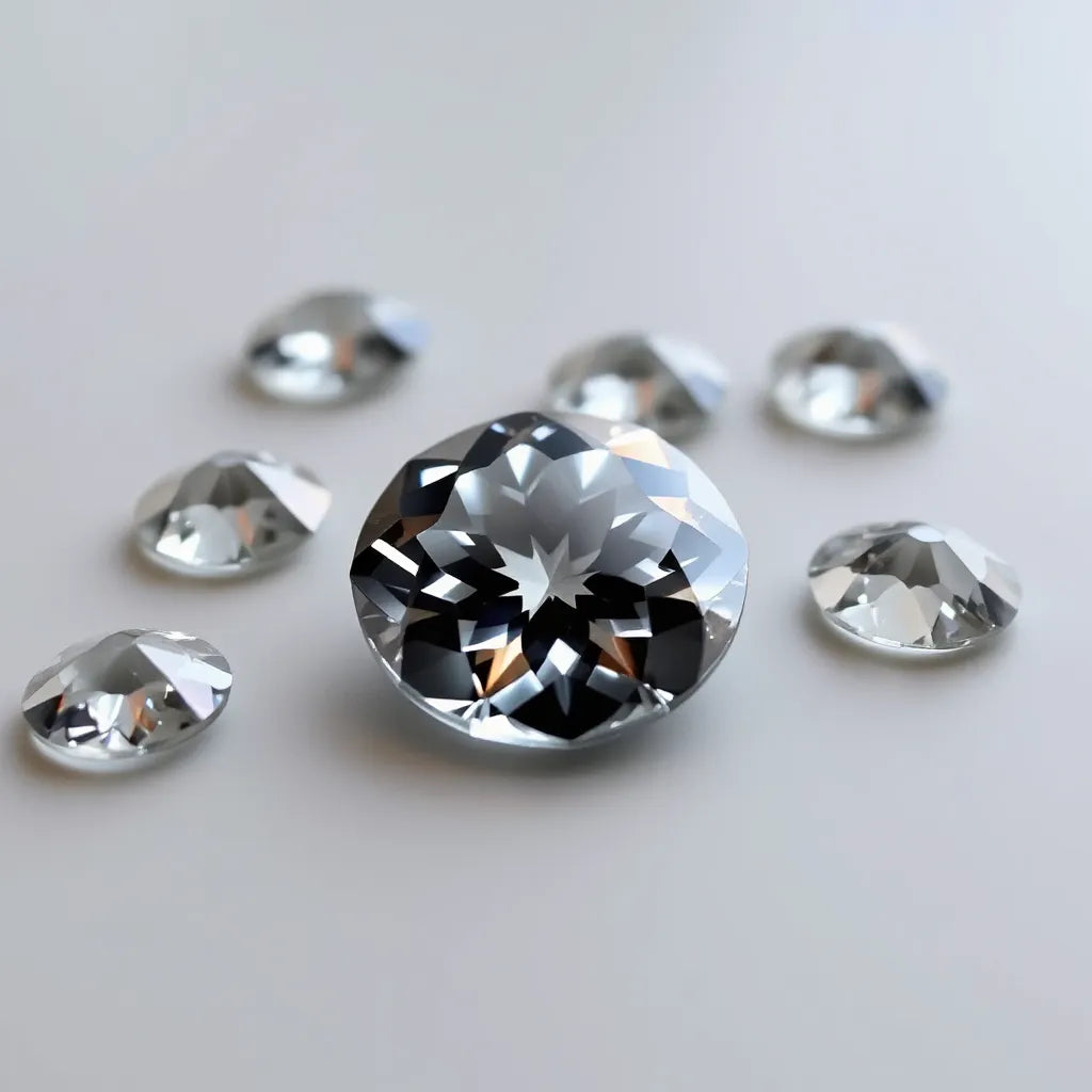 Round and small moissanite gemstones with crisp sparkle under soft diffused light on a neutral background