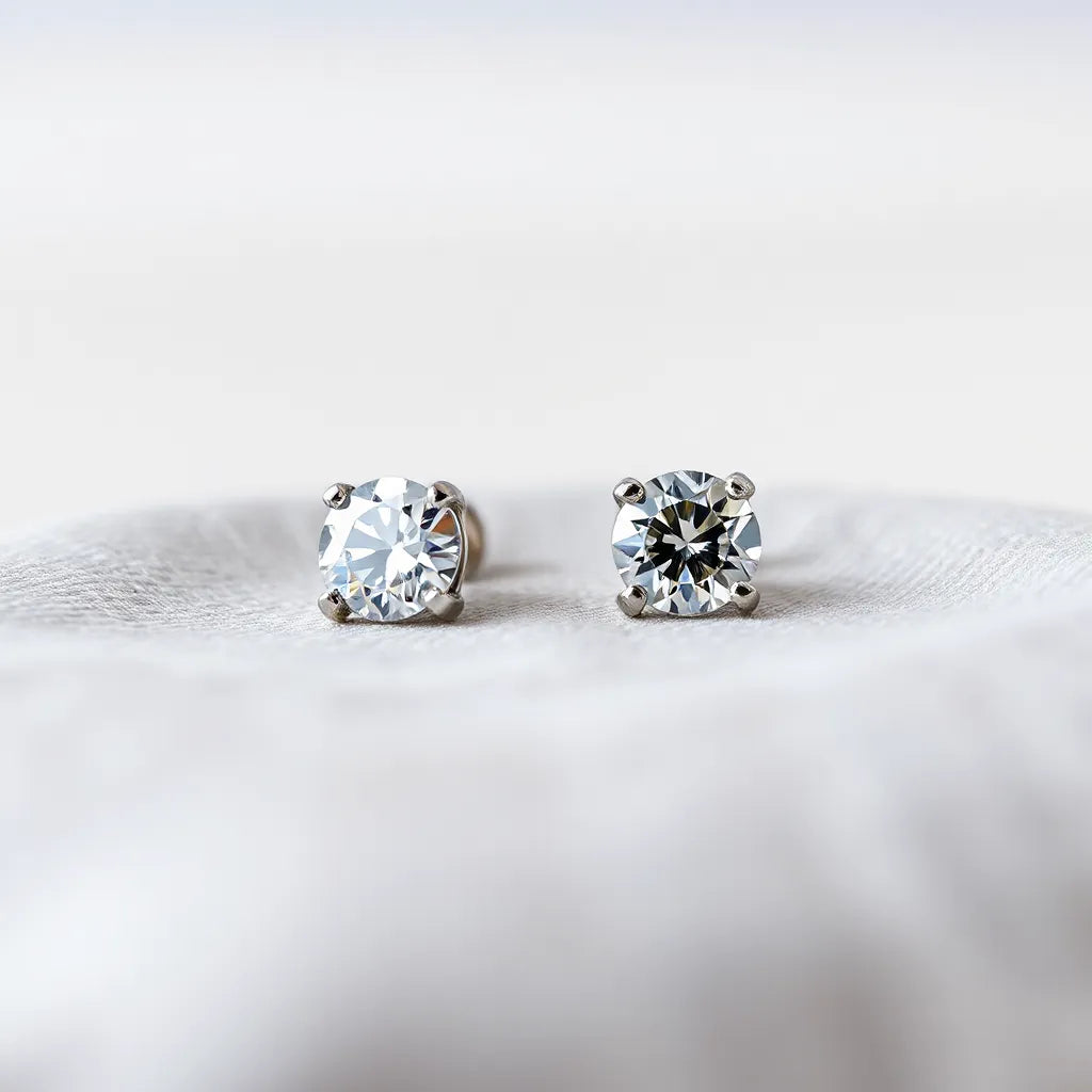 Pair of sparkling moissanite earrings with detailed setting on a clean fabric background