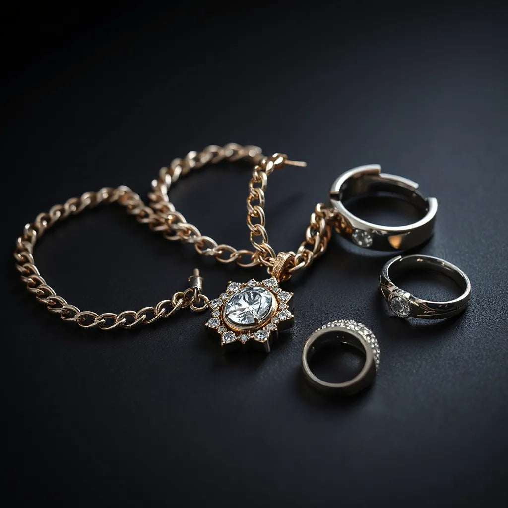 Diamond pendant, Cuban link chain, iced hoop earrings, and a luxury ring arranged on a dark studio surface