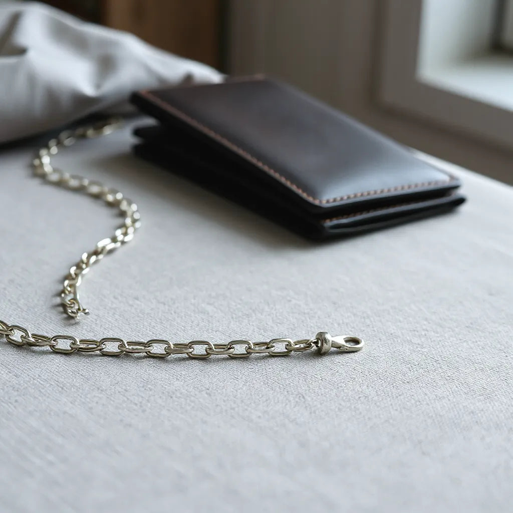 Silver chain necklace with clear link details on a clean light fabric surface