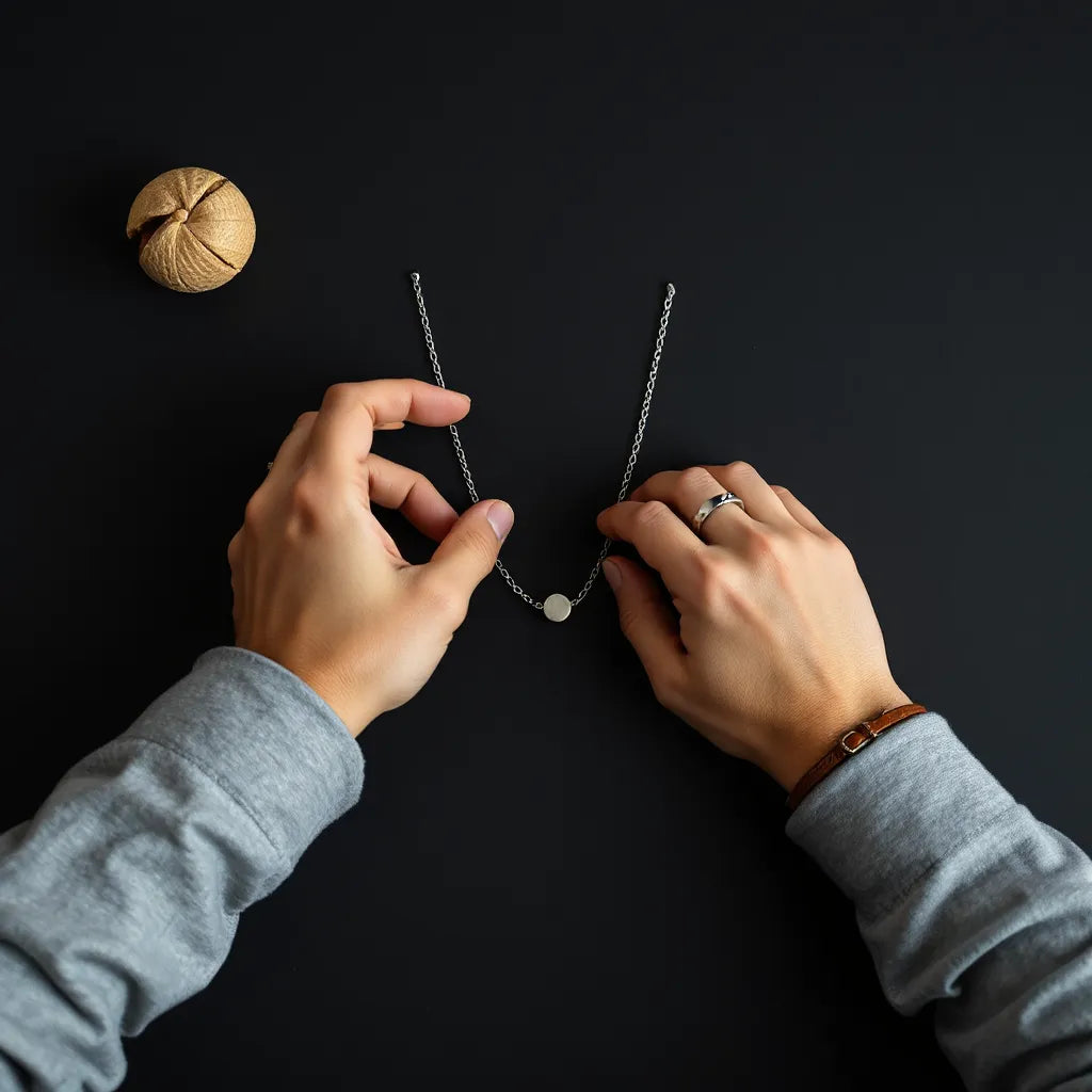 Man wearing layered silver chain necklace, bracelet, and ring in a minimalist setting