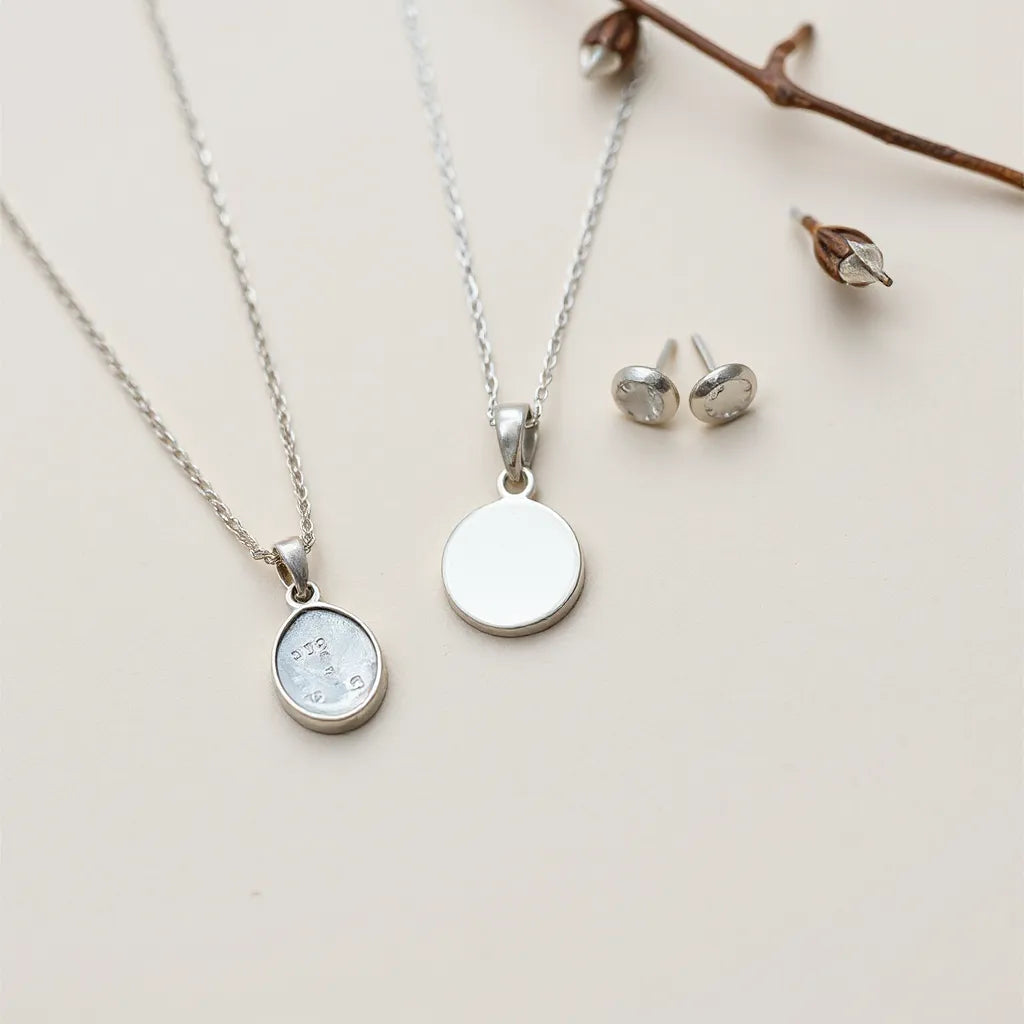 Sterling silver chain, pendant, and earrings with visible hallmark details on a clean background
