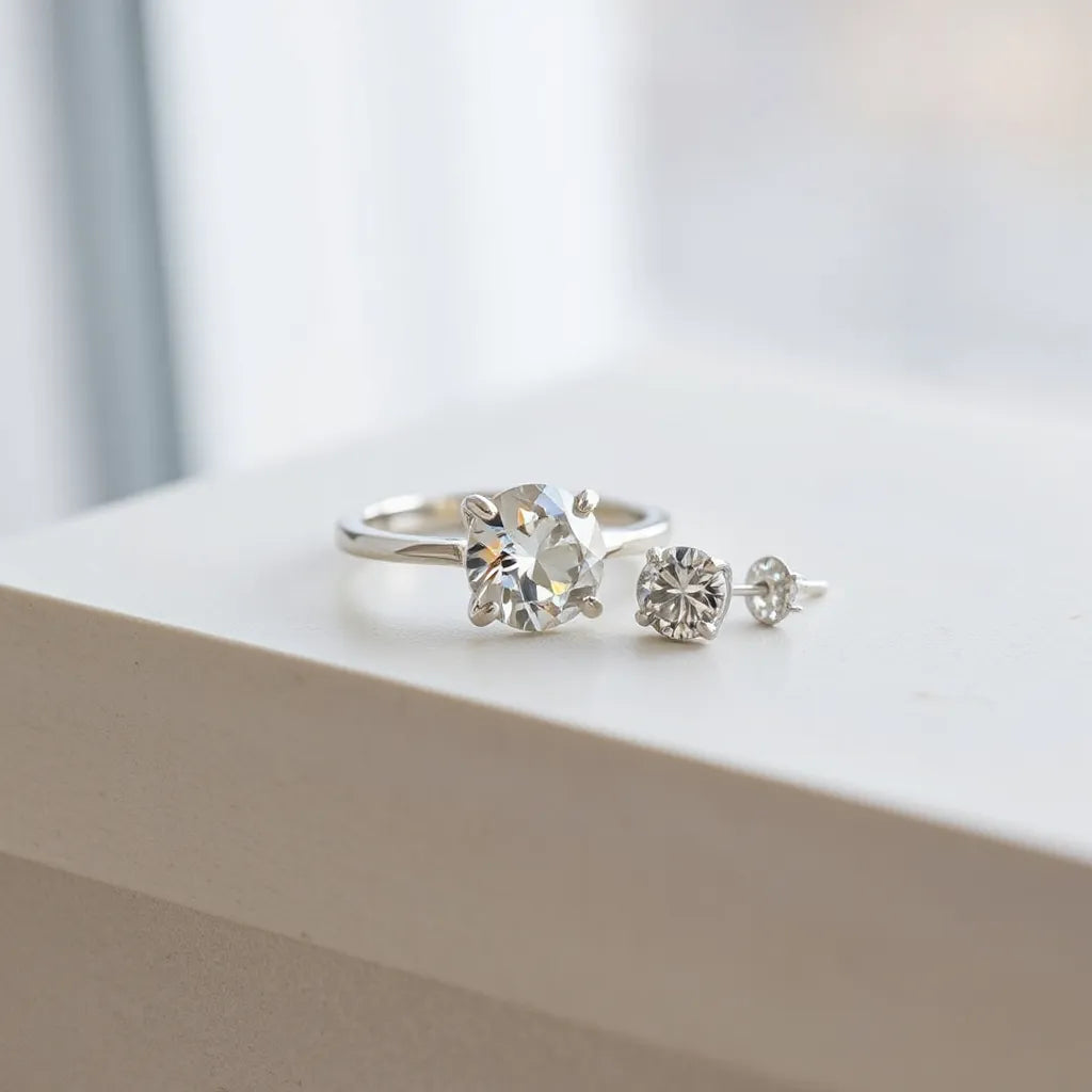 Moissanite solitaire ring and stud earrings with faceted stones catching soft light on a neutral background