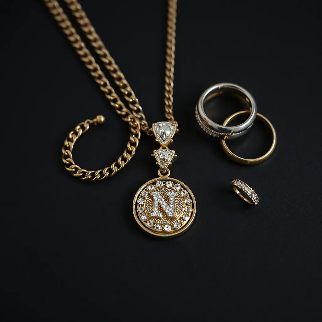 Chunky chain necklace with pendant, stacked rings, and a bracelet arranged on a dark matte surface