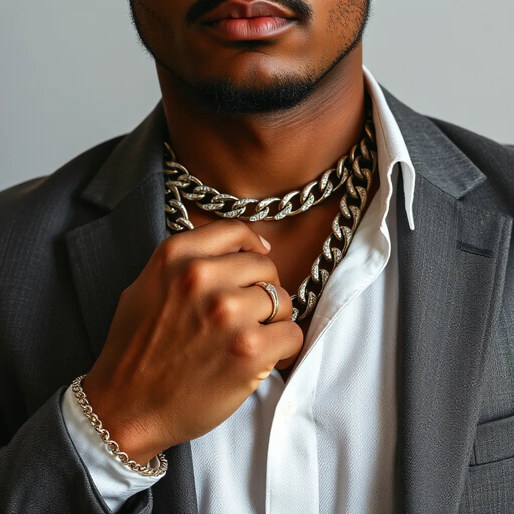 Man in a dark outfit wearing a sparkling iced out chain with crisp detail