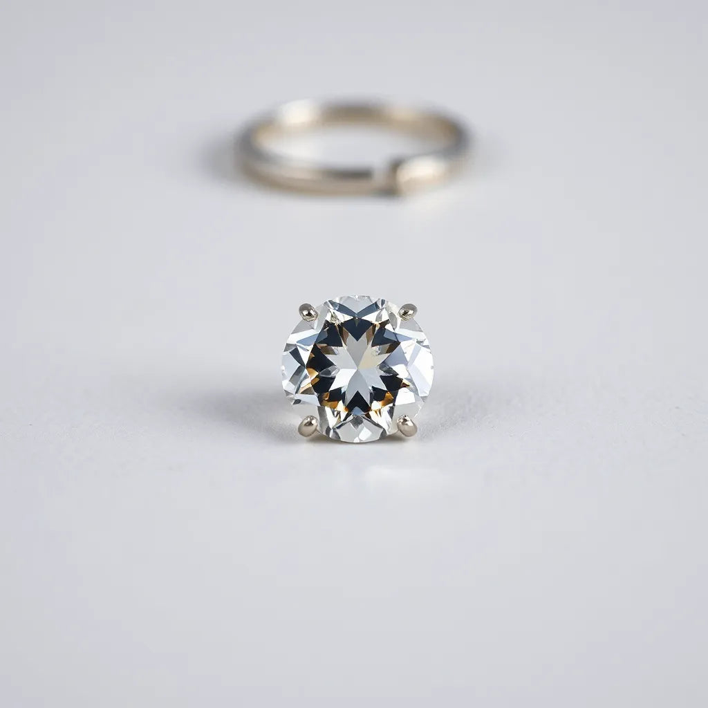 Colorless moissanite gemstone with bright sparkle on a neutral background
