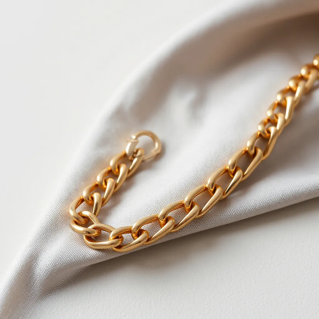 Gold Cuban chain necklace with crisp link detail laid on light fabric