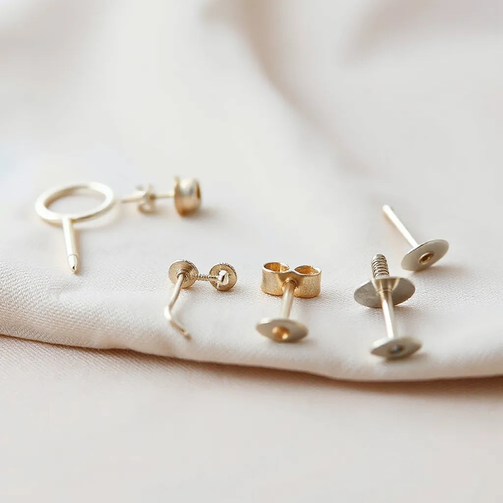 Assorted 925 silver earring back styles arranged on neutral fabric with soft studio lighting