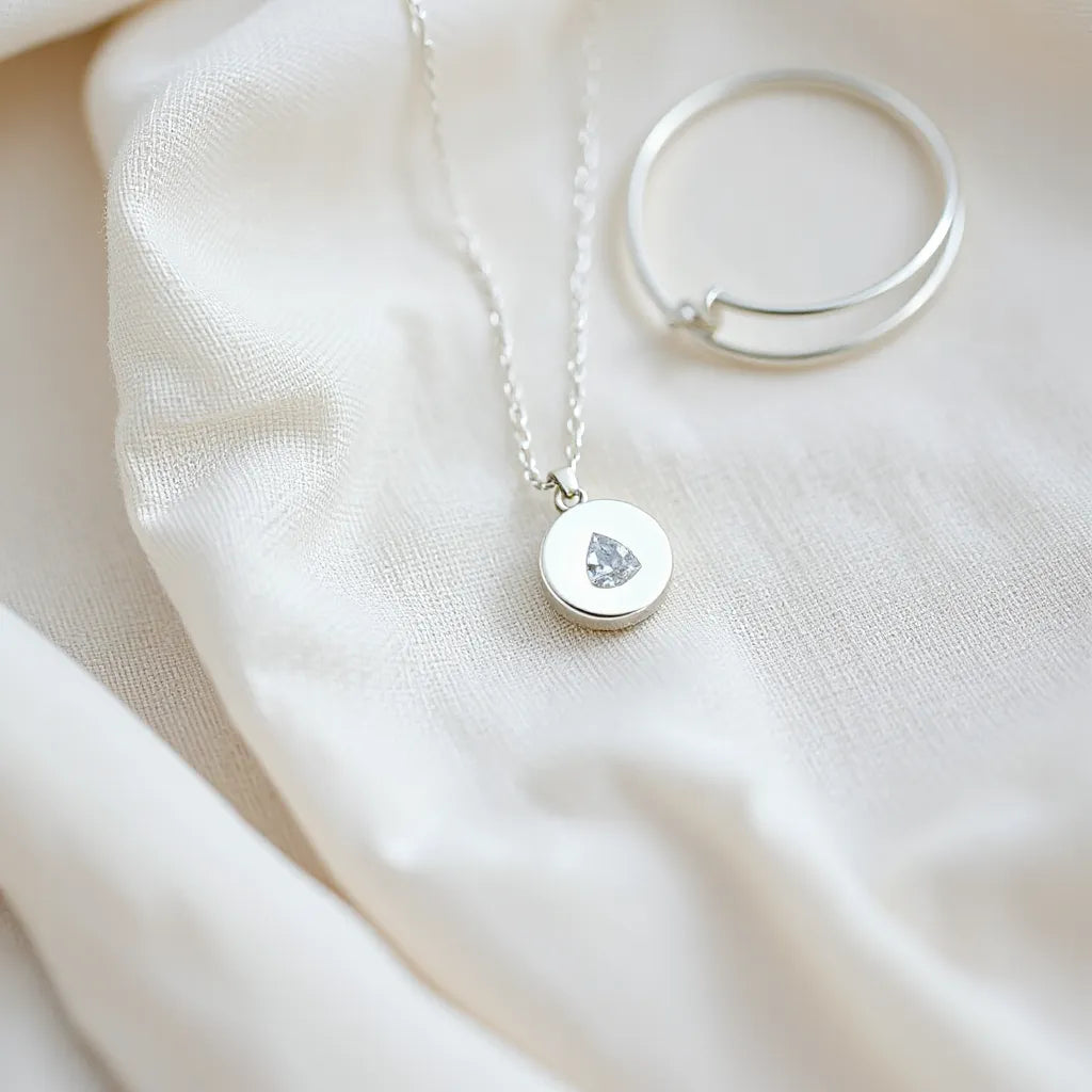 Handcrafted silver pendant necklace, hoop earrings, and a slim bracelet arranged on neutral fabric