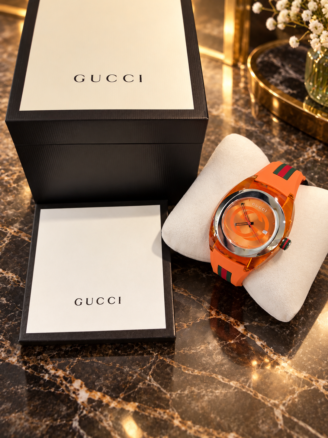 GUCCI XXL Sync SYNC Swiss Quartz Orange Rubber Watch 46 MM YA137108
