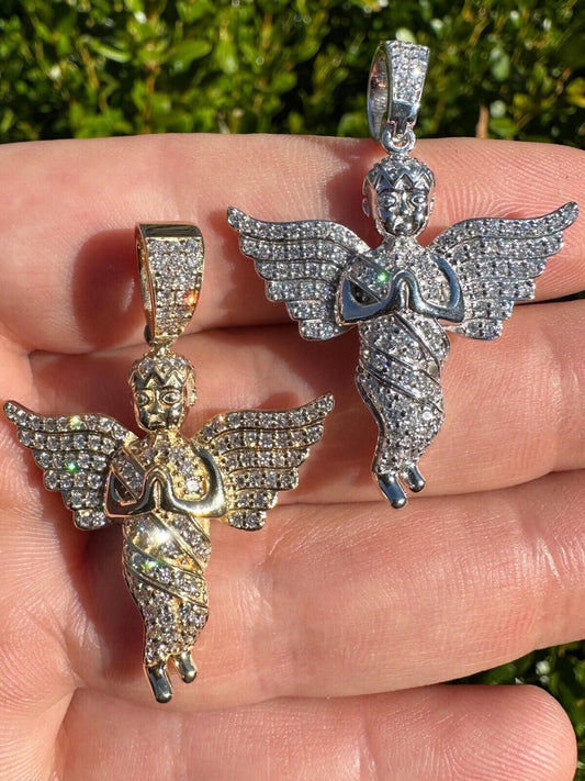 1.3ct Real Diamond Guardian Angel Cherub Pendant Solid 14k Gold Necklace Pendant