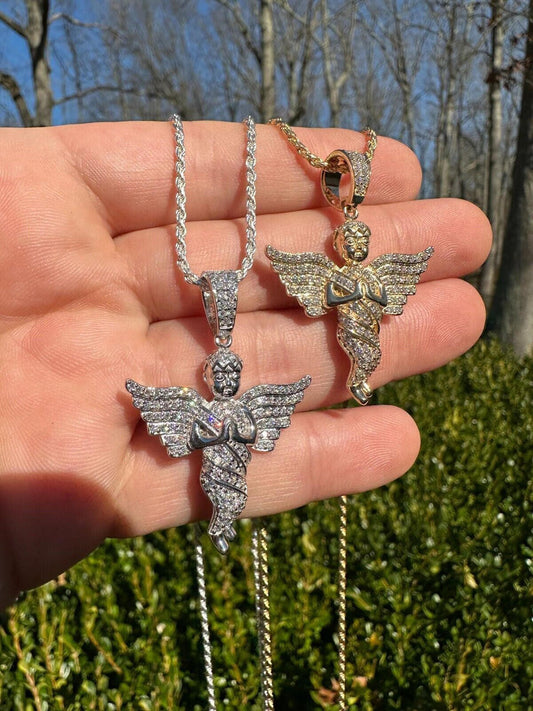 1.3ct Real Diamond Guardian Angel Cherub Pendant Solid 14k Gold Necklace Pendant