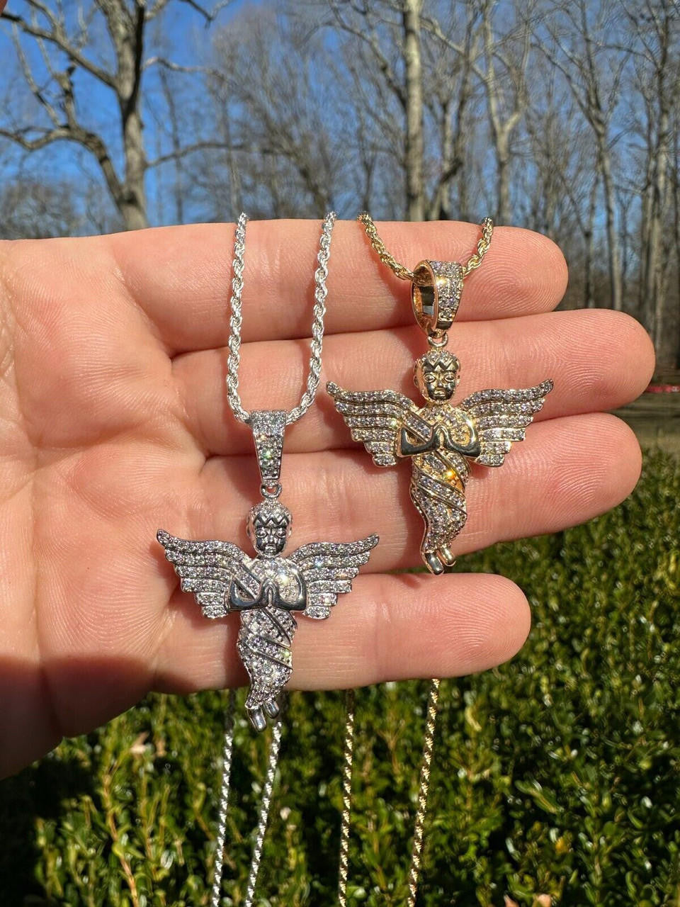 1.3ct Real Diamond Guardian Angel Cherub Pendant Solid 14k Gold Necklace Pendant