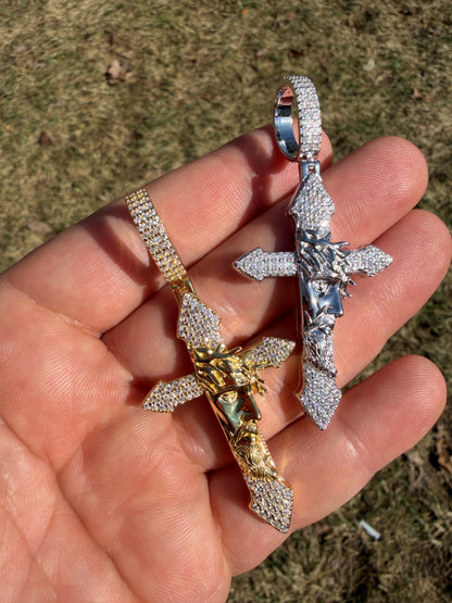 MOISSANITE Passion Of Christ Jesus On Gothic Cross Pendant - 14k Yellow Gold Vermeil Or 925 Silver - Large 2.5"