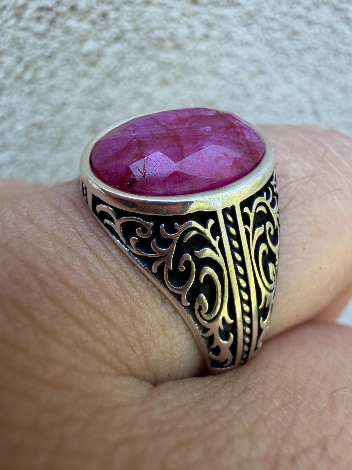Columbian King Ring - 925 Silver Oxidized - Genuine Red Ruby Stone