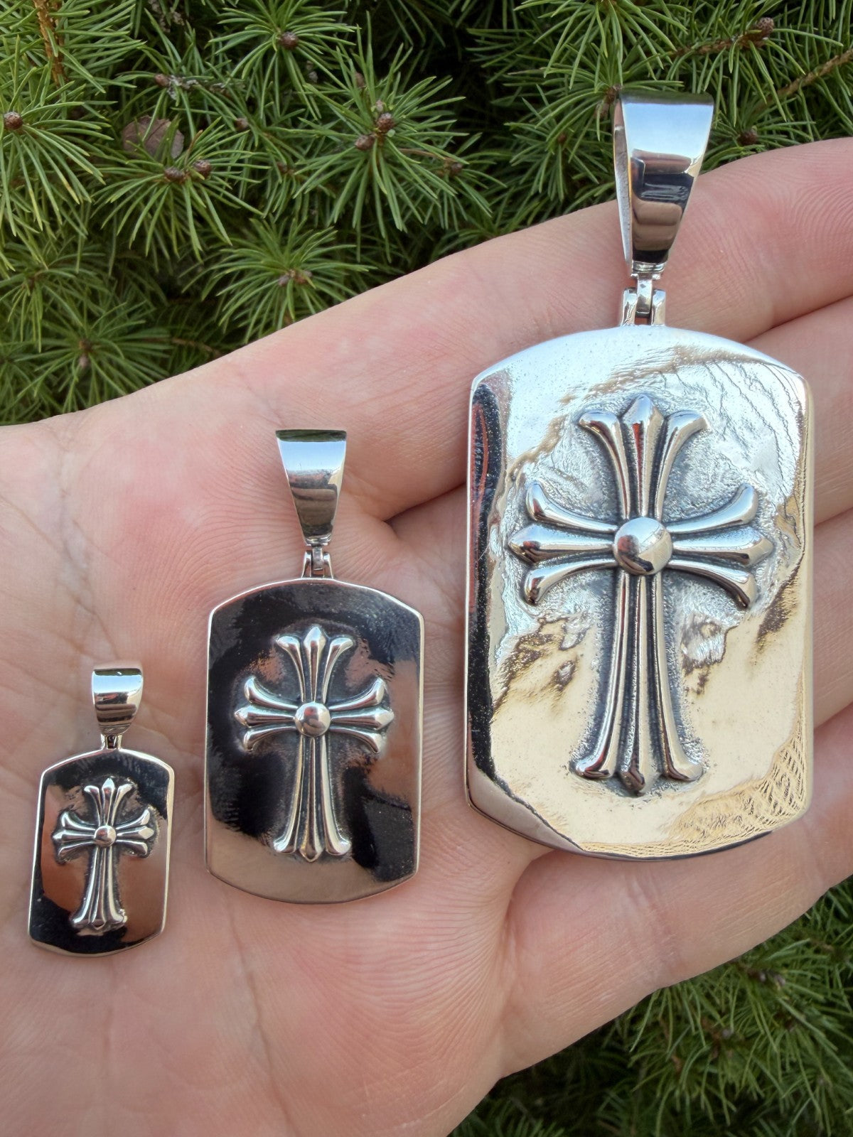 Hearts Chrome Dog Tag Cross Pendant - 925 Silver - 3 Sizes 1"-2.75"