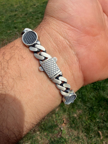 Mens Miami Cuban Link Bracelet W. Iced Out Black CZ Stones - 925 Silver - 8.5" - 12mm