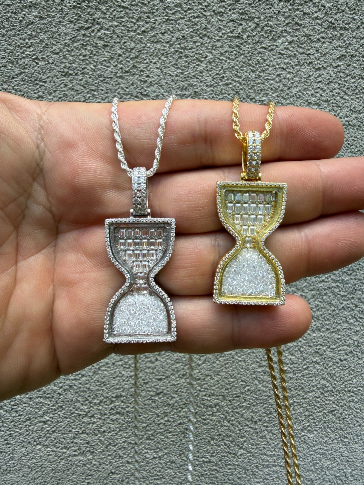 MOISSANITE Floating Diamond Hourglass Pendant - 14k Yellow Gold Vermeil Or 925 Silver - Medium 2"