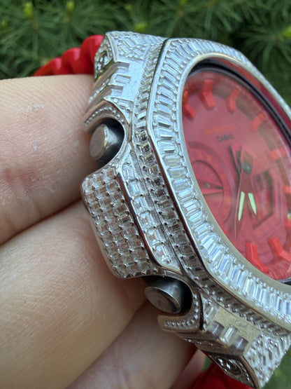 MOISSANITE Real 925 Silver Iced Baguette Red Casio G Shock GA-2100 Hip Hop Watch