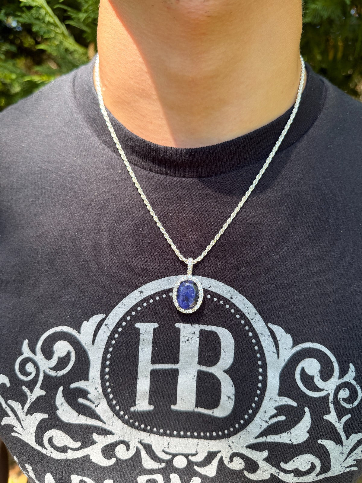 MOISSANITE Royalty Midnight Ocean Pendant - 925 Silver - Oval Genuine Blue Sapphire Stone