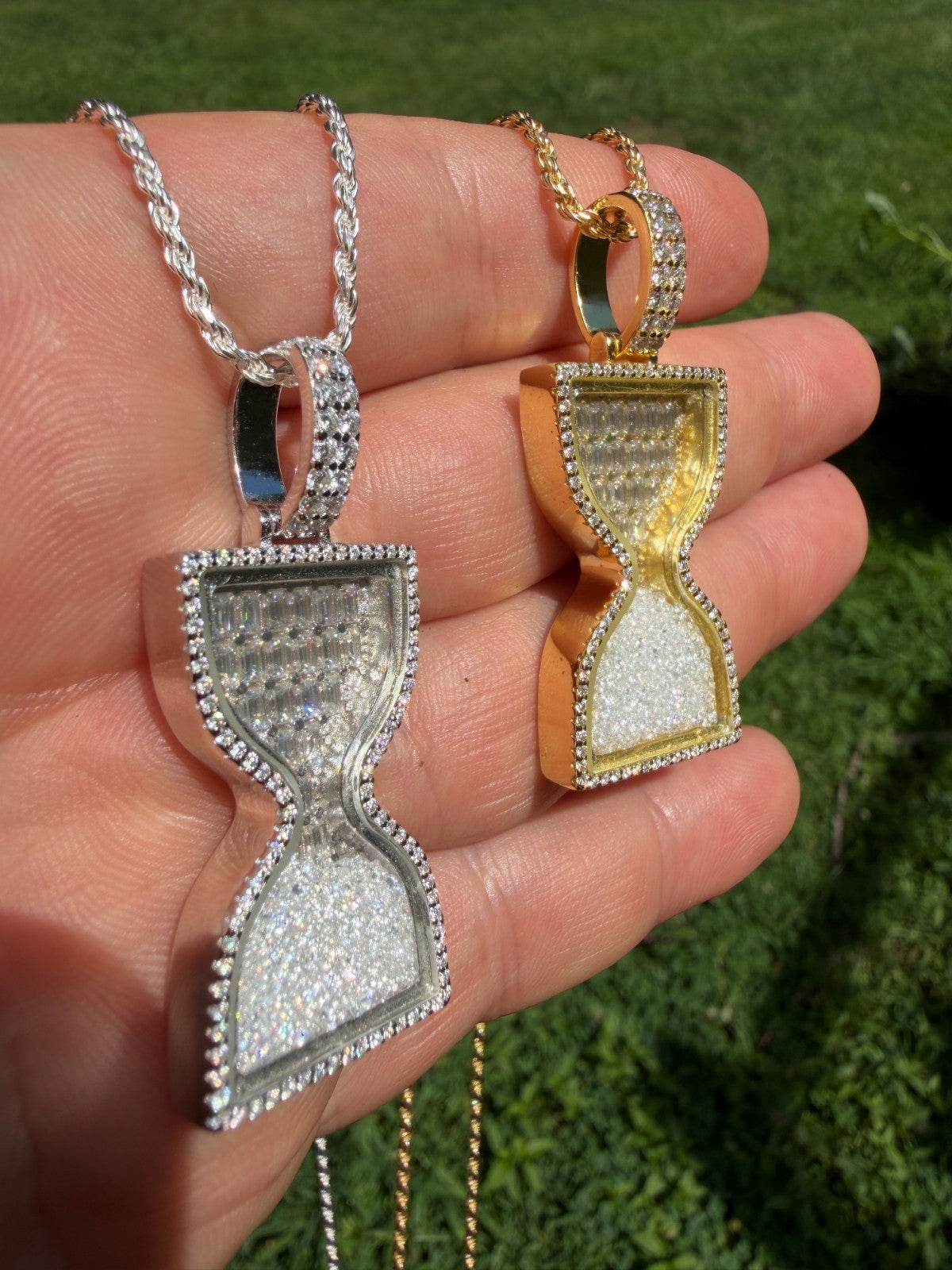 MOISSANITE Floating Diamond Hourglass Pendant - 14k Yellow Gold Vermeil Or 925 Silver - Medium 2"