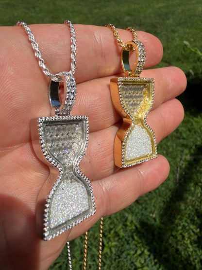 MOISSANITE Floating Diamond Hourglass Pendant - 14k Yellow Gold Vermeil Or 925 Silver - Medium 2"