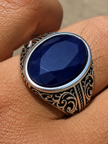 Columbian King Ring - 925 Silver Oxidized - Genuine Blue Sapphire Stone