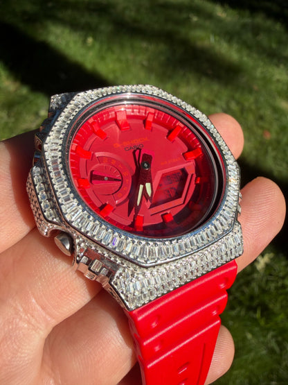 MOISSANITE Real 925 Silver Iced Baguette Red Casio G Shock GA-2100 Hip Hop Watch