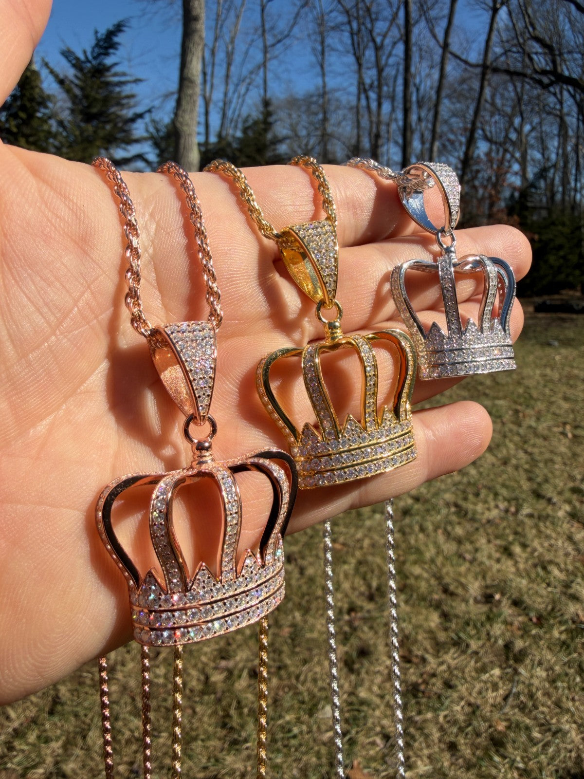 MOISSANITE Royalty Crown Pendant - 14k Yellow/Rose Gold Vermeil or 925 Silver - Large 2"