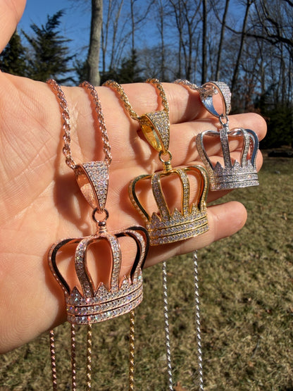 MOISSANITE Royalty Crown Pendant - 14k Yellow/Rose Gold Vermeil or 925 Silver - Large 2"